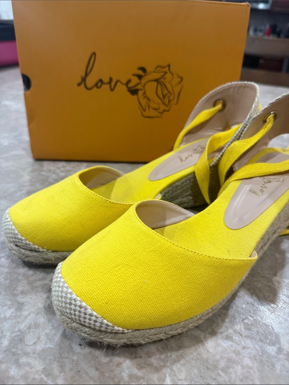Love Yellow Canvas Espadrille Wedges with Ankle Tie